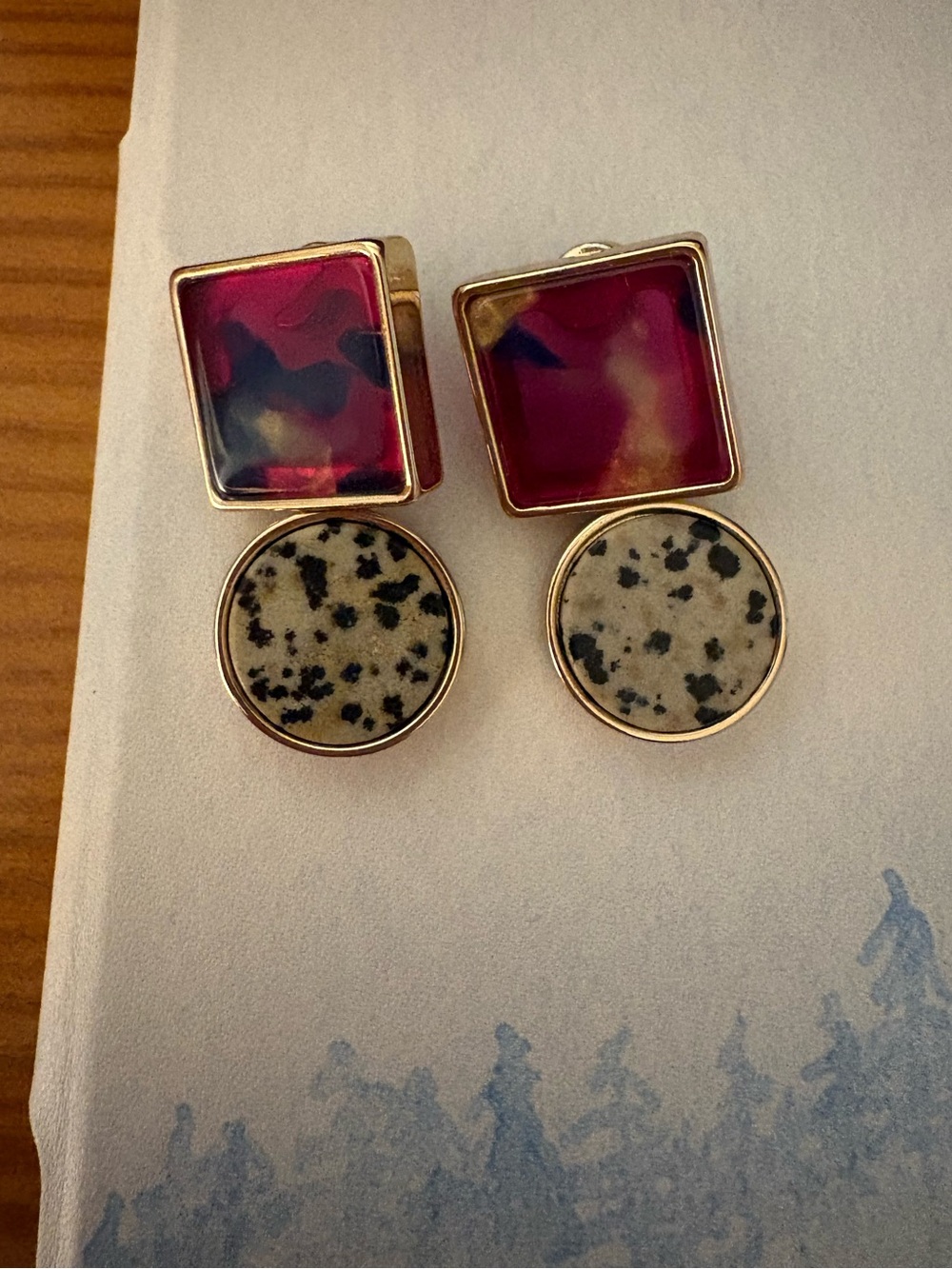Gold-Trim Pink Marble Square & Speckled Round Drop Earrings